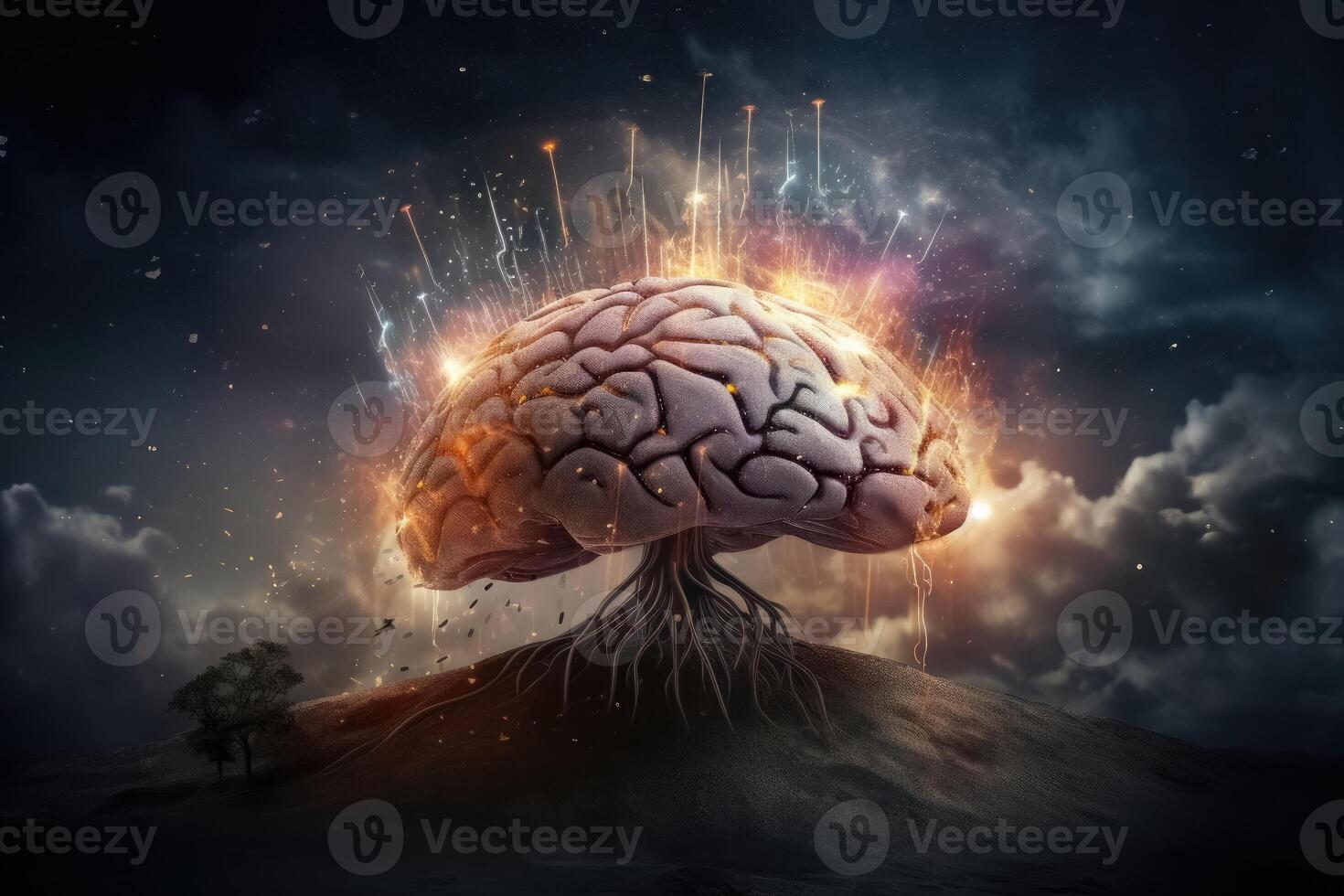 A human brain exploding with knowledge and creativity created with technology. photo