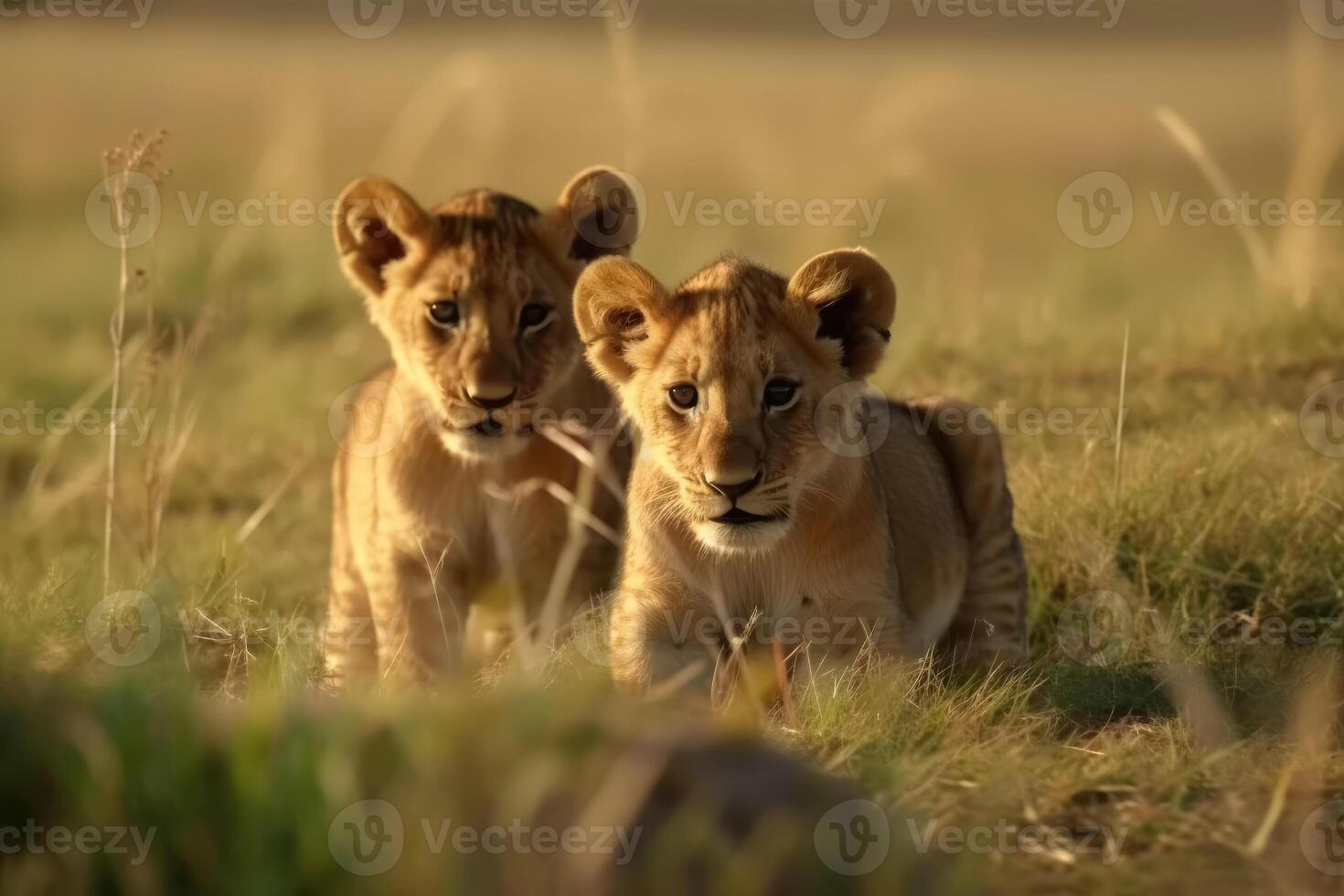 Two cute lion cubs playing in the flat grass of the savannah created with technology. photo