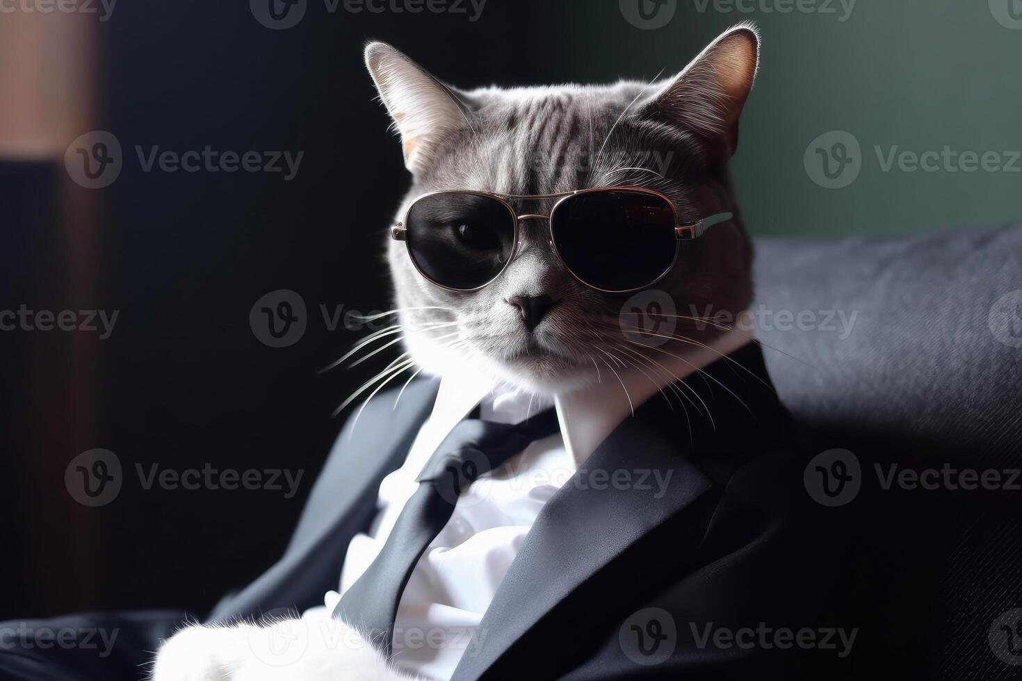 un moderno gato vistiendo un negocio traje y Gafas de sol creado con generativo ai tecnología. foto