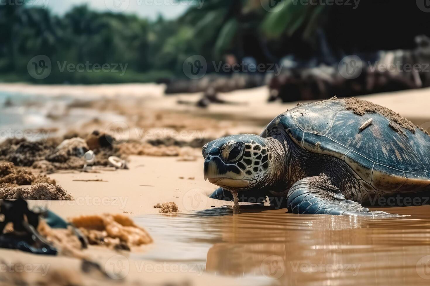 A large turtle drags itself onto a beach created with technology. photo