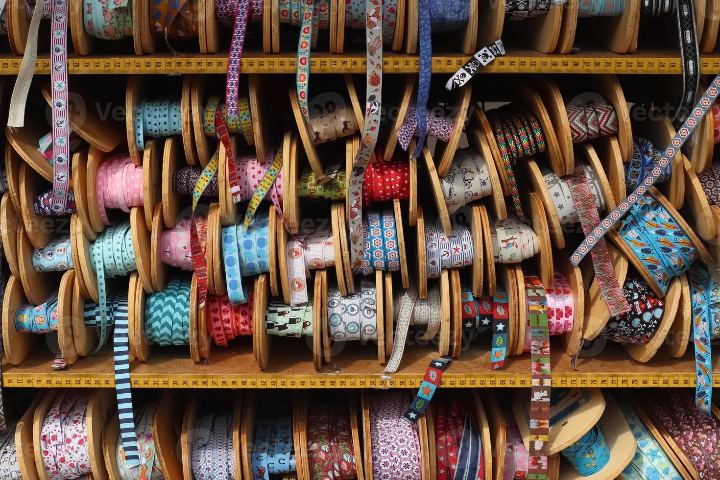 Samples of cloth and fabrics in different colors found at a fabrics market in Germany photo