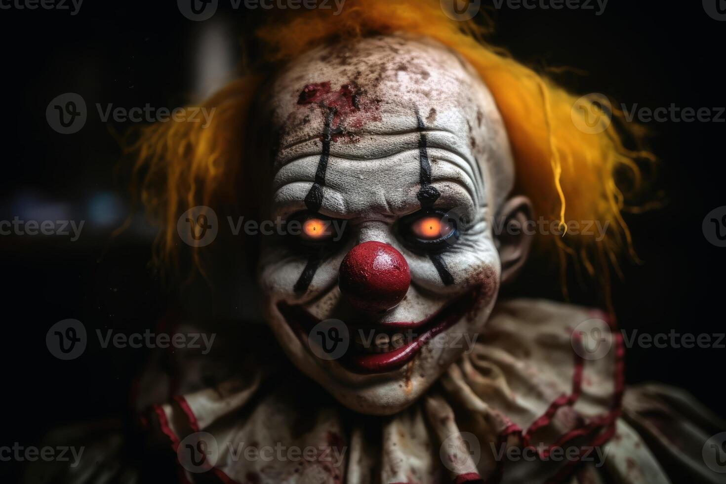 An evil clown doll in a dirty look created with technology. photo