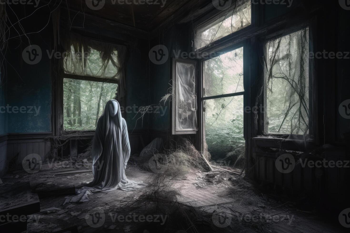 un fantasmal aparición en un antiguo en mal estado casa creado con generativo ai tecnología. foto