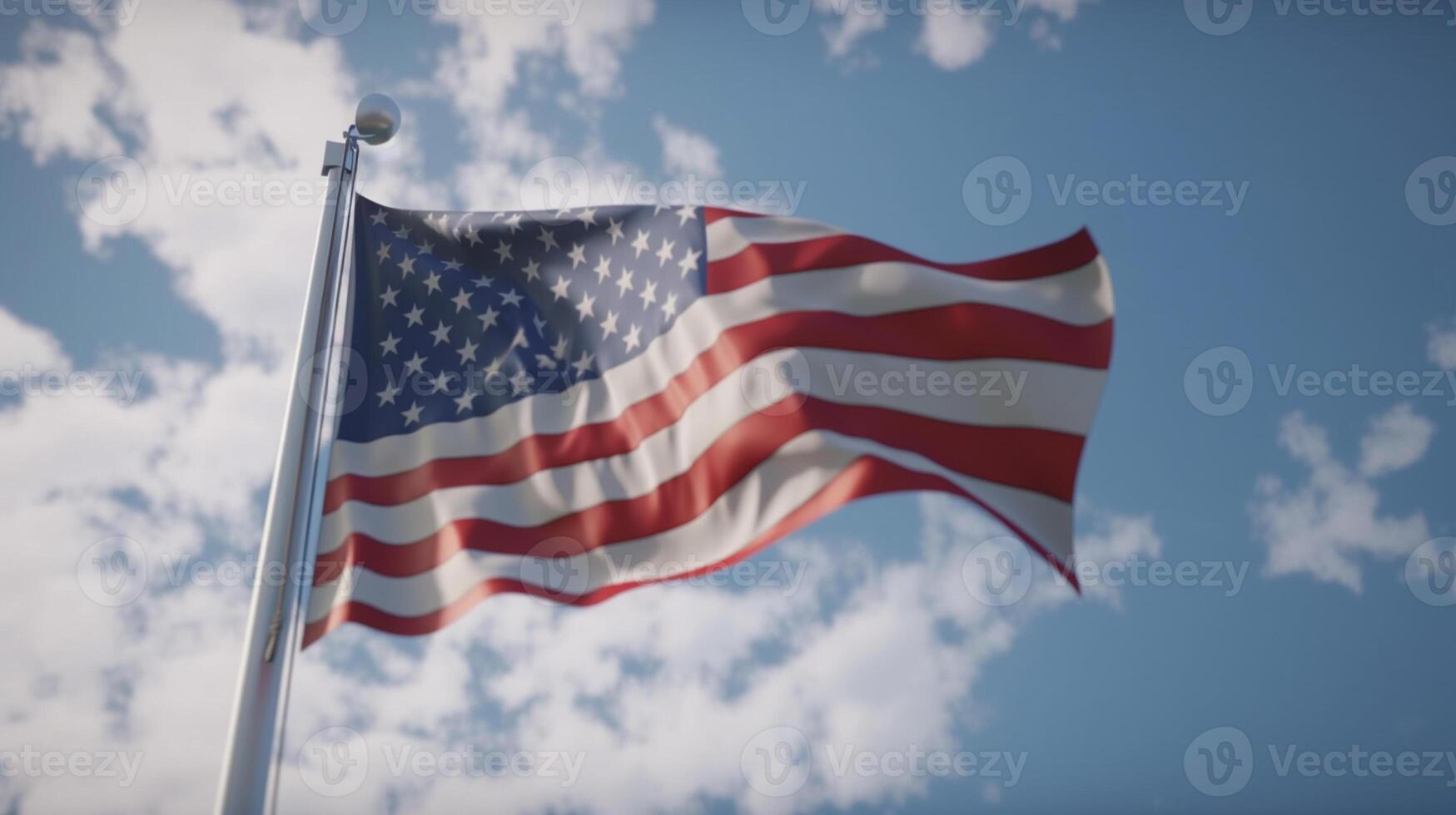 American flag waving in the wind over sandstone mountains. 3d render photo