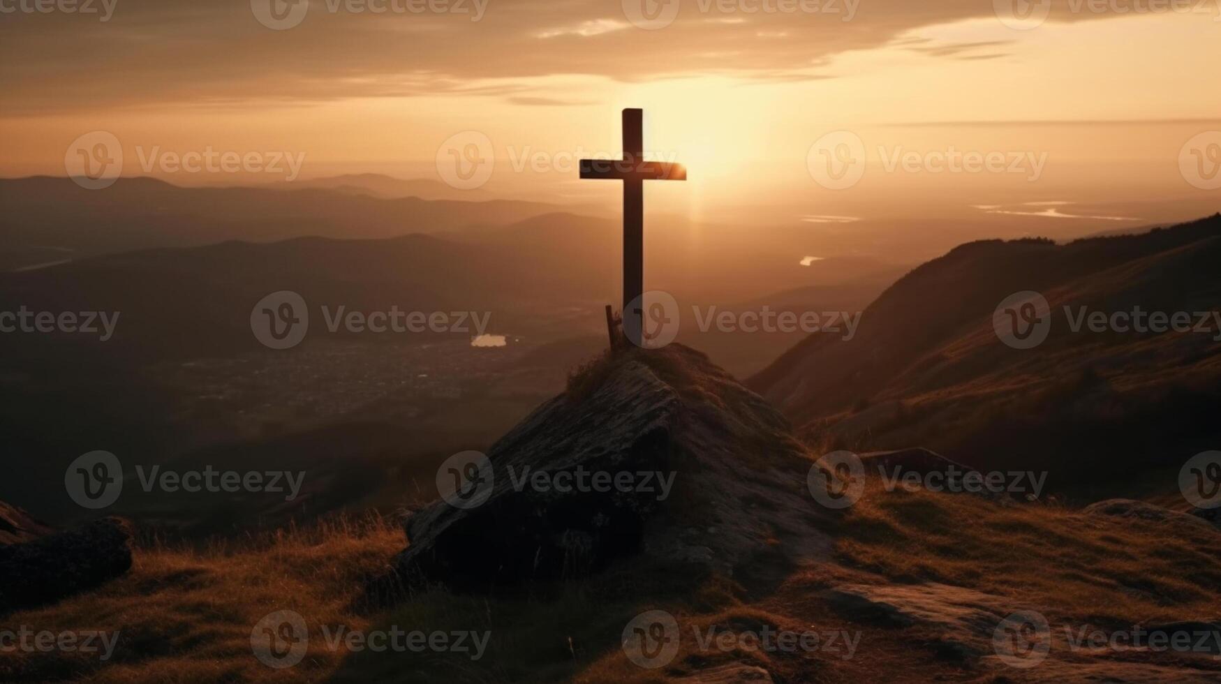 a wooden cross on the top of mountain . artwork photo