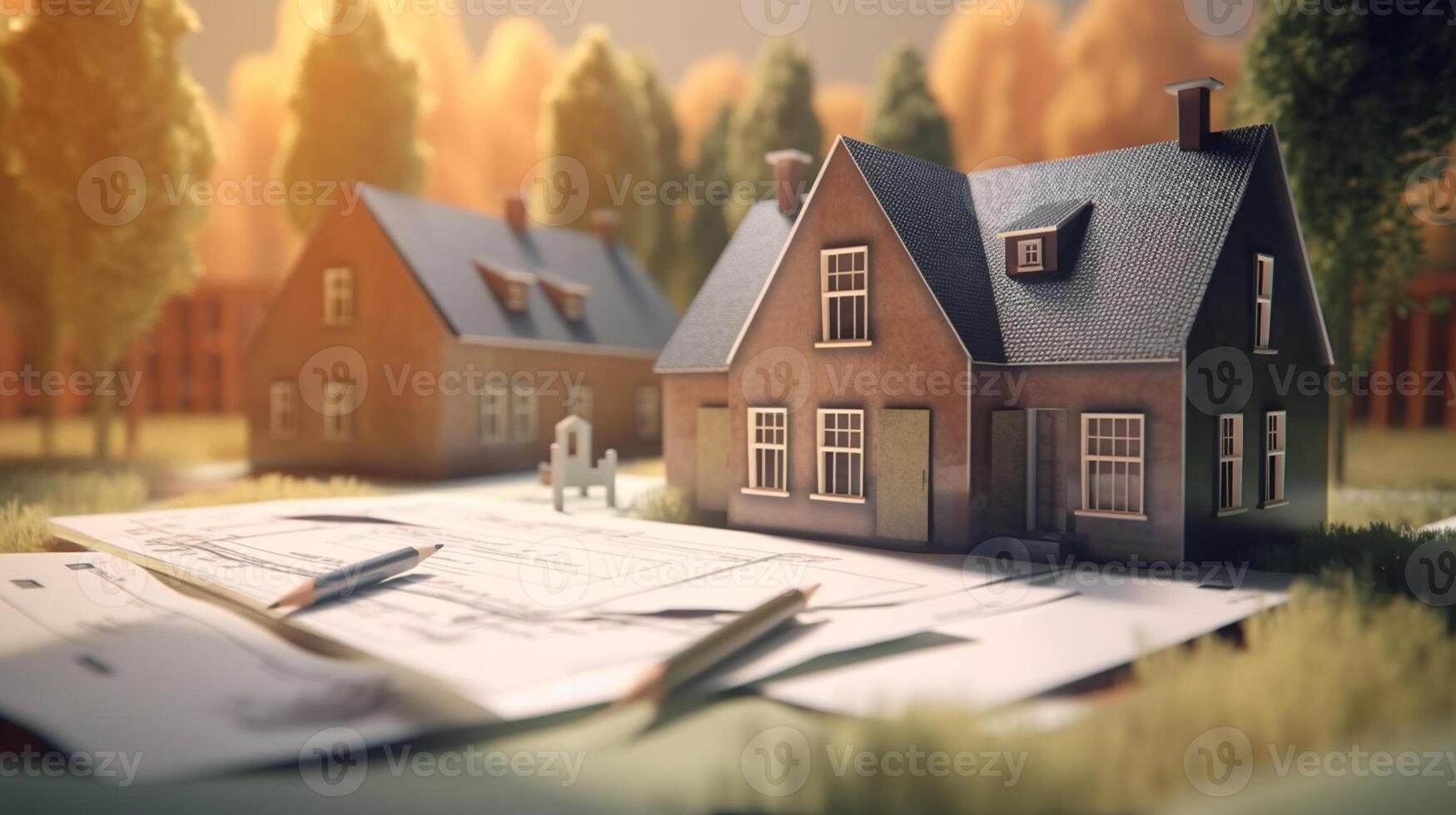 a small house and documents on table , real estate housing concept photo