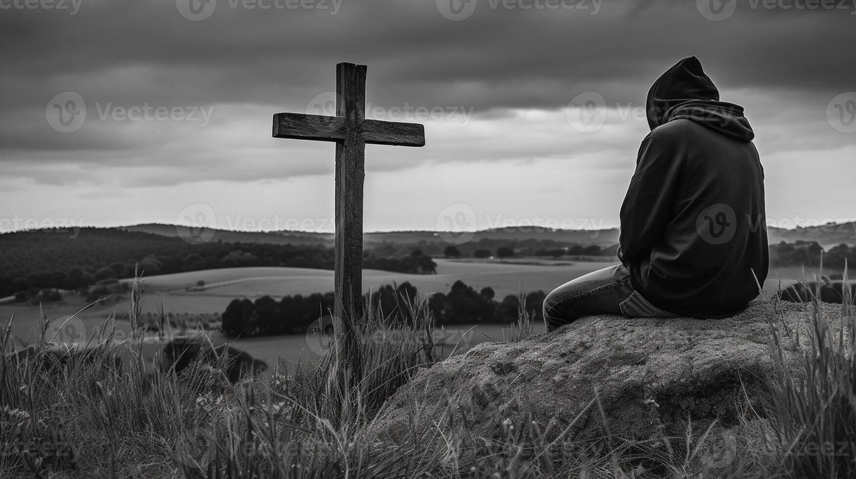 Man in front of a wooden cross in the countryside. Black and white. artwork photo