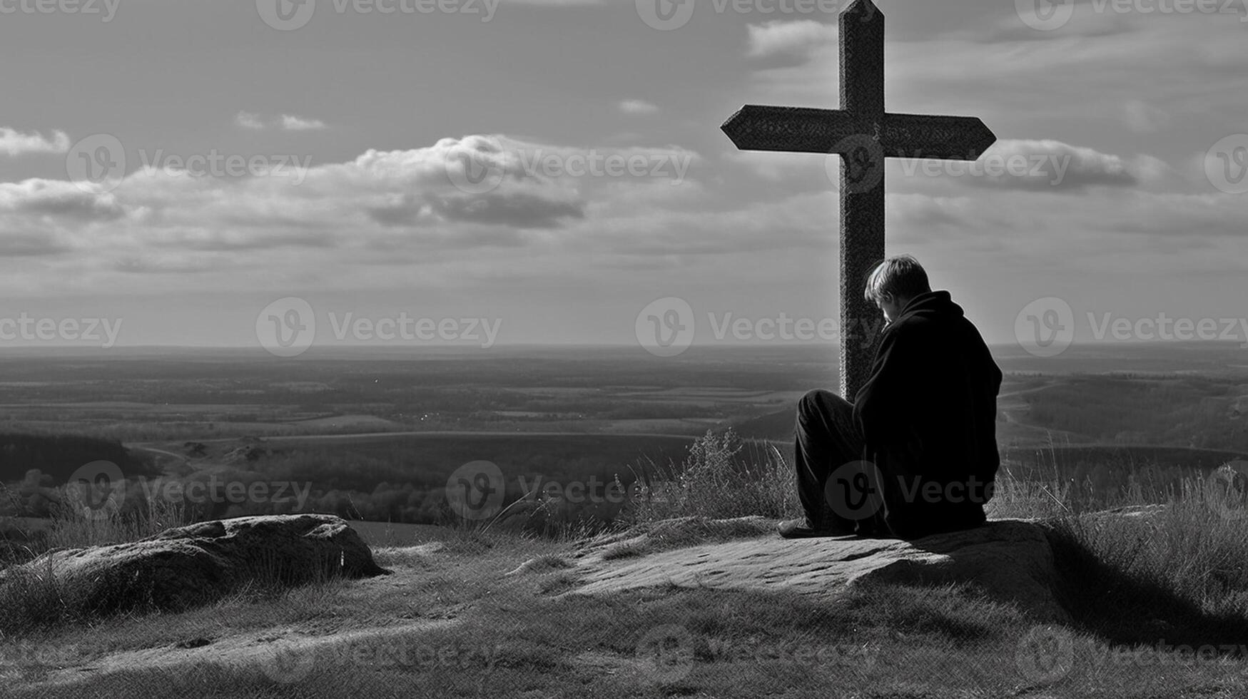Man in front of a wooden cross in the countryside. Black and white. artwork photo