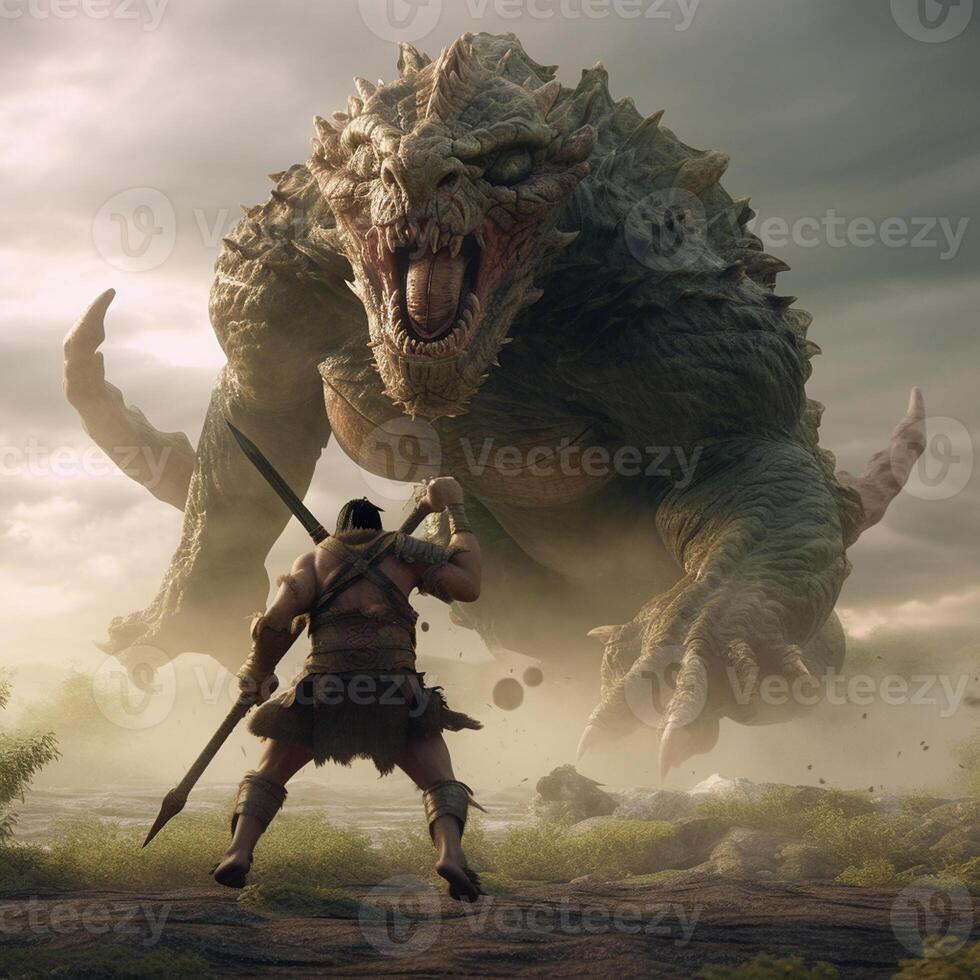 a big monster fighting with a worrier photo