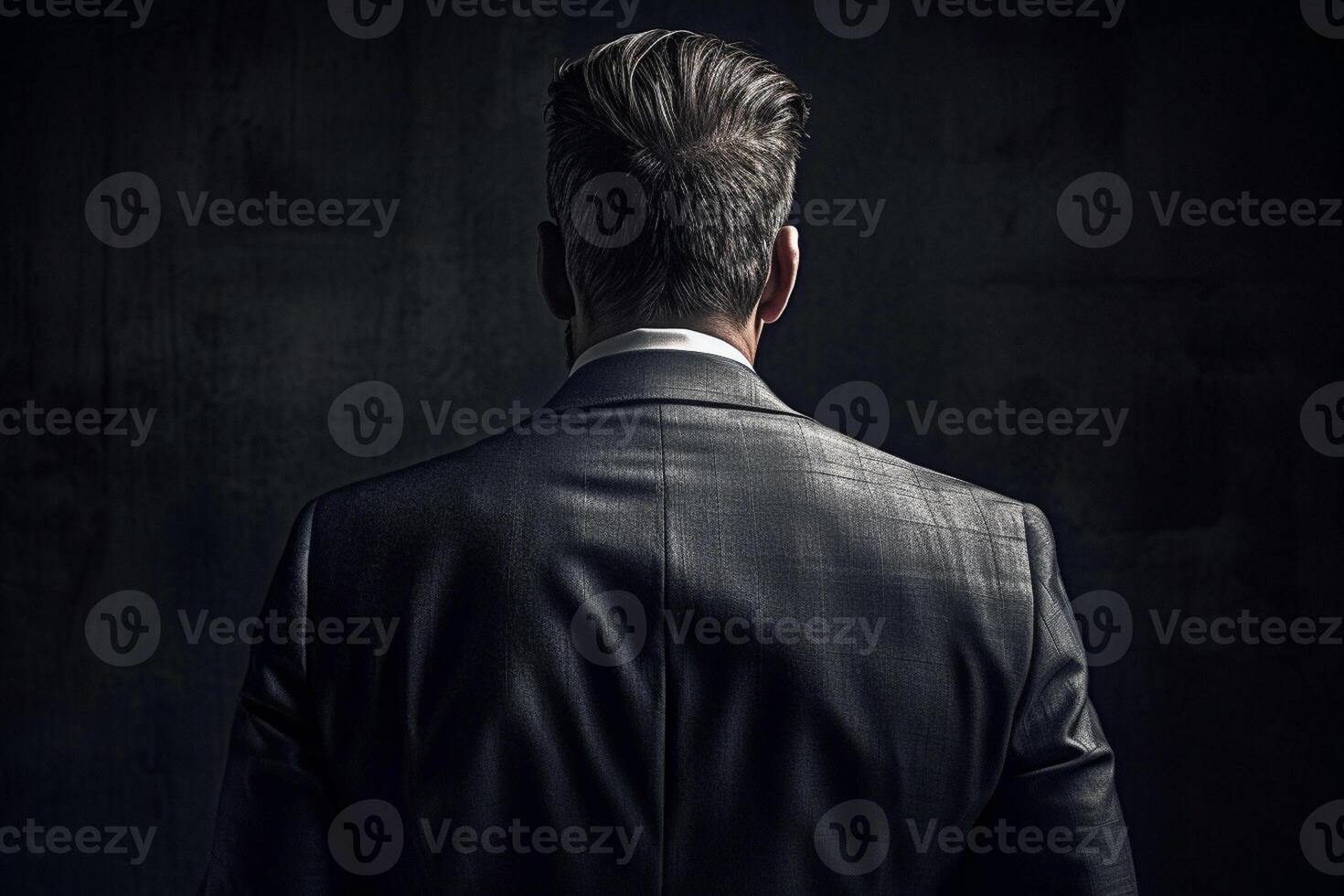 Back view of young businessman in suit looking away while walking on street photo