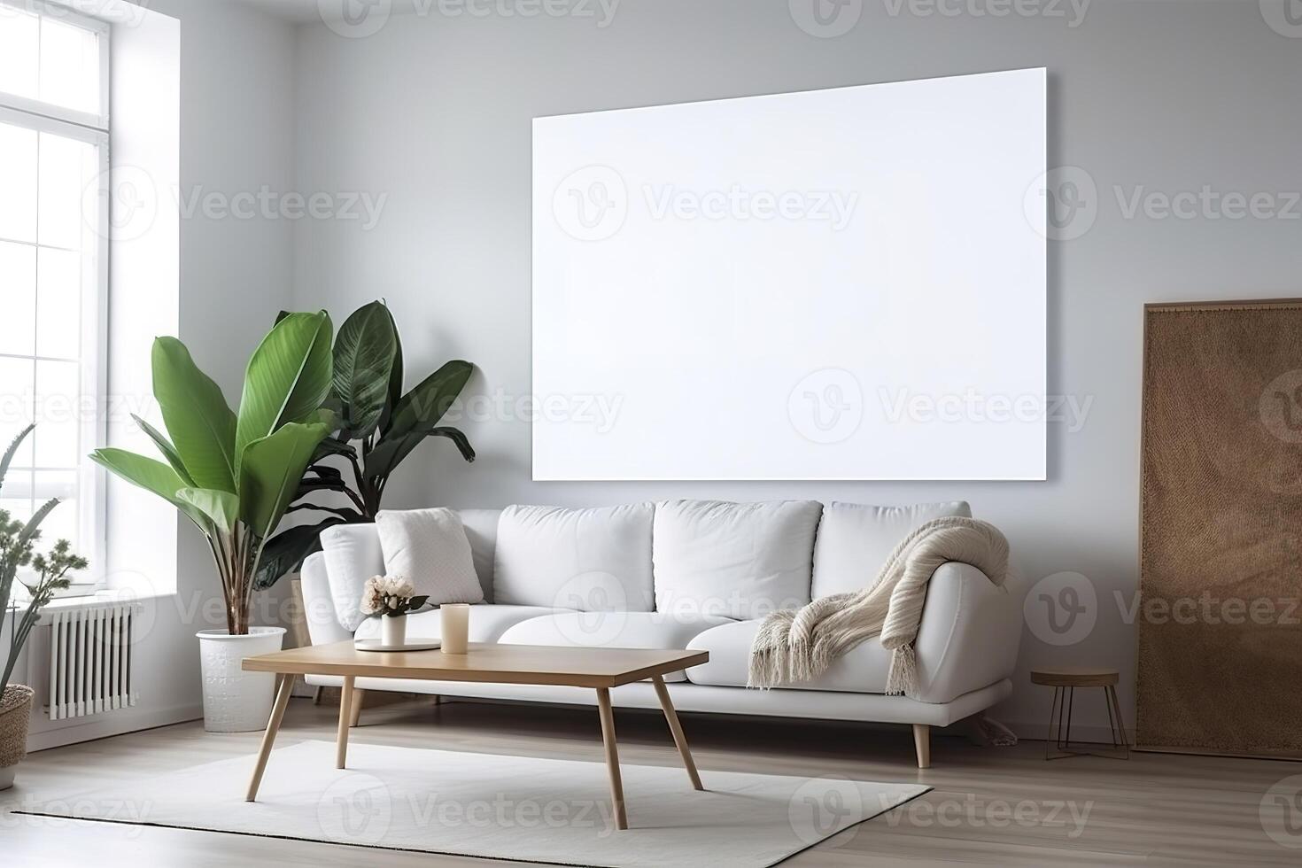 Blank White Canvas Inside of a Living Room for a Wall Art Mockup Illustration with photo