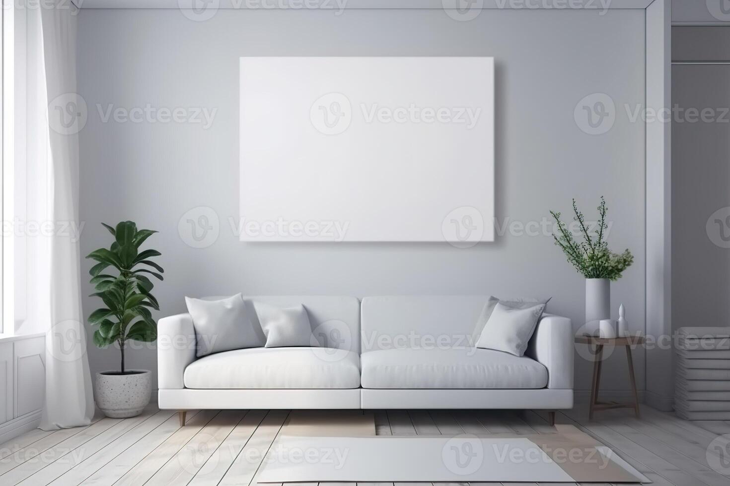 Blank White Canvas Inside of a Living Room for a Wall Art Mockup Illustration with photo