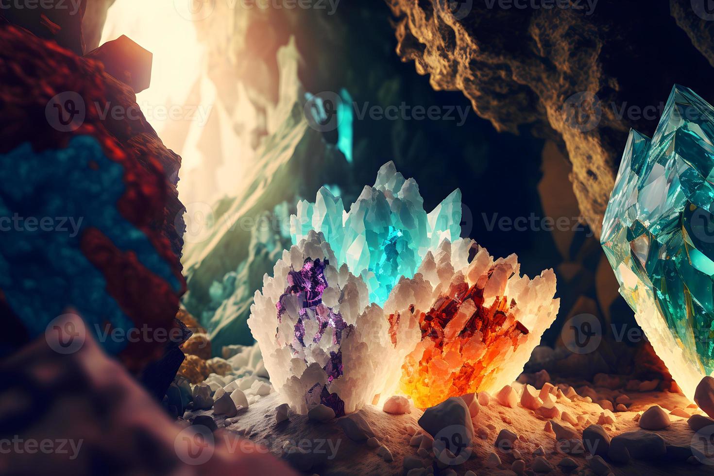 Beautiful wild crystal stalactites and stalagmites in cave. Neural network generated art photo