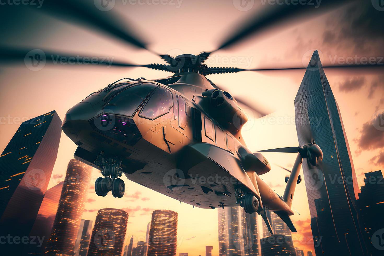 moderno futurista Ejército helicóptero transporte en ciudad centro. neural red generado Arte foto