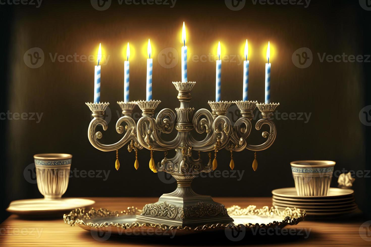 Hanukkah menorah on jewish traditional festive table. Neural network generated art photo