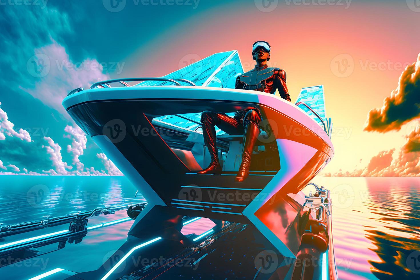 Ship captain on a modern futuristic boat transport at sea. Neural network generated art photo