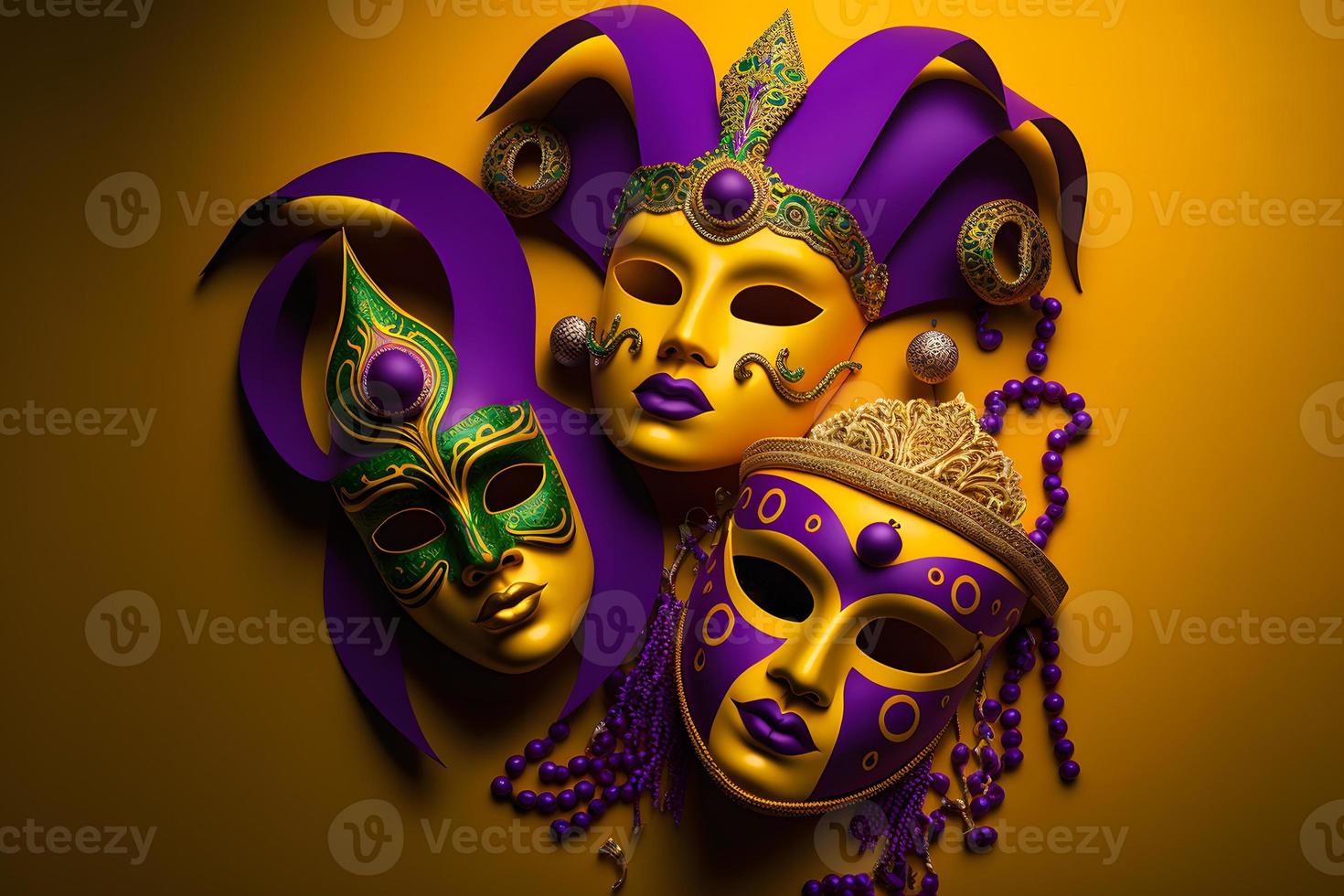 Group of venetian mardi gras mask or disguise on a colorful bright background. Neural network generated art photo