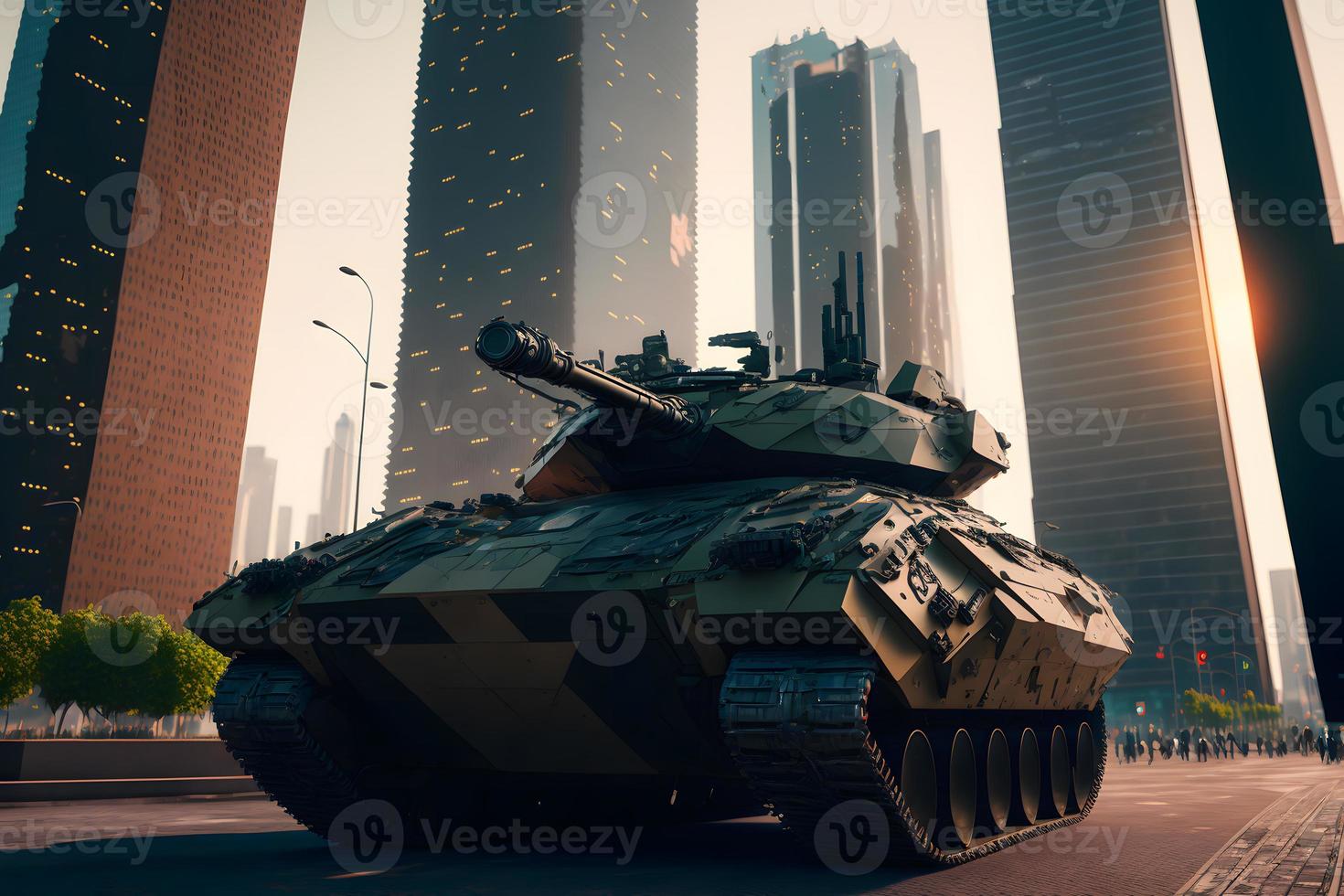 Modern futuristic battle tank with turret and cannon in city center. Neural network generated art photo