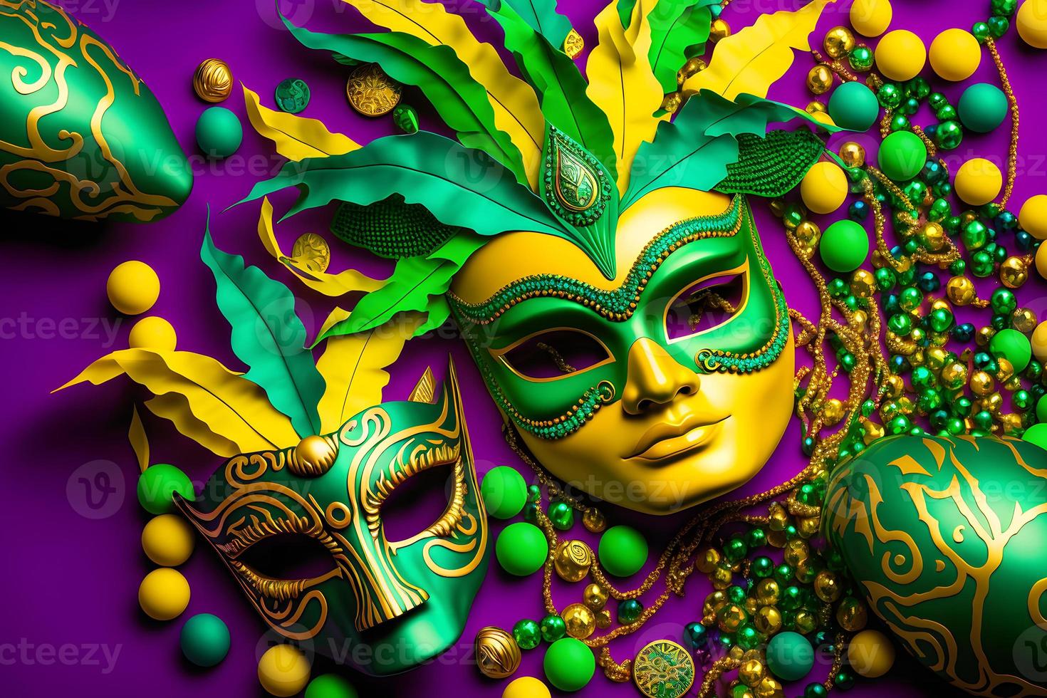 Group of venetian mardi gras mask or disguise on a colorful bright background. Neural network generated art photo