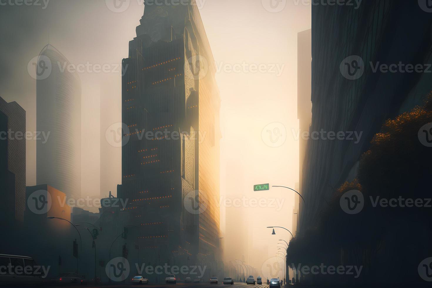 Urban skyscrapers at early foggy morning in the city district. Neural network generated art photo