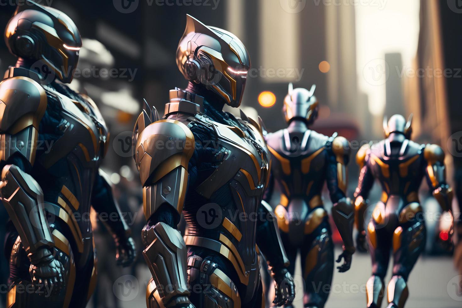 Many modern futuristic male humanoid robots with metal outfit. Neural network generated art photo