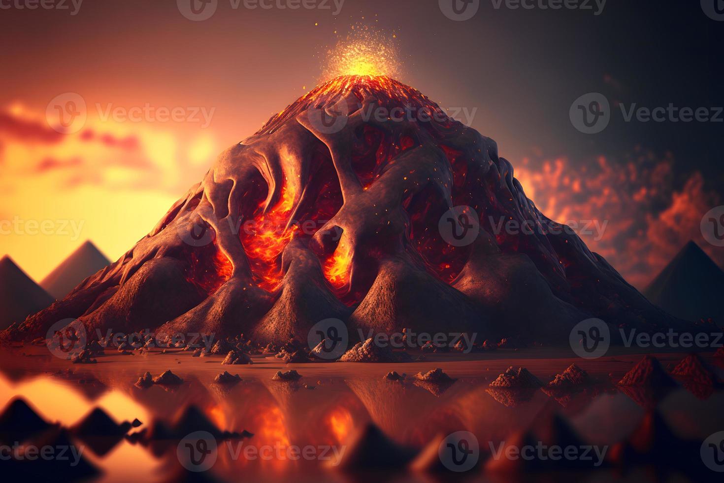Night fantasy landscape with abstract mountains and island on the water, explosive volcano with burning lava. Neural network generated art photo