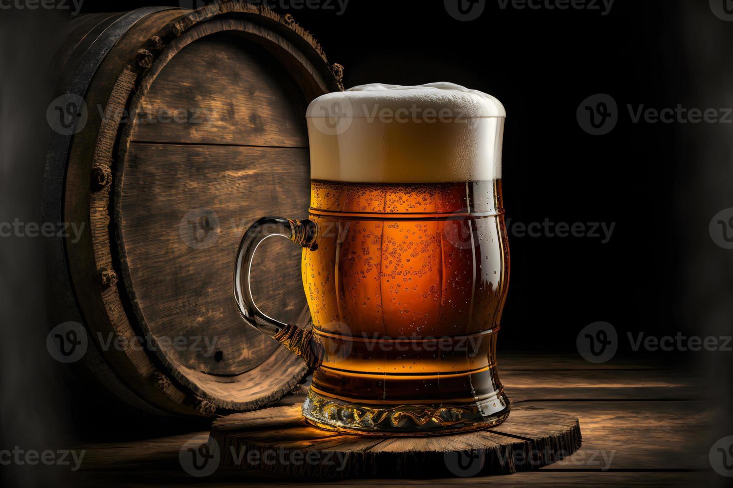 Beautiful beer with foam in classic beer glass in dark scene. Neural network generated art photo