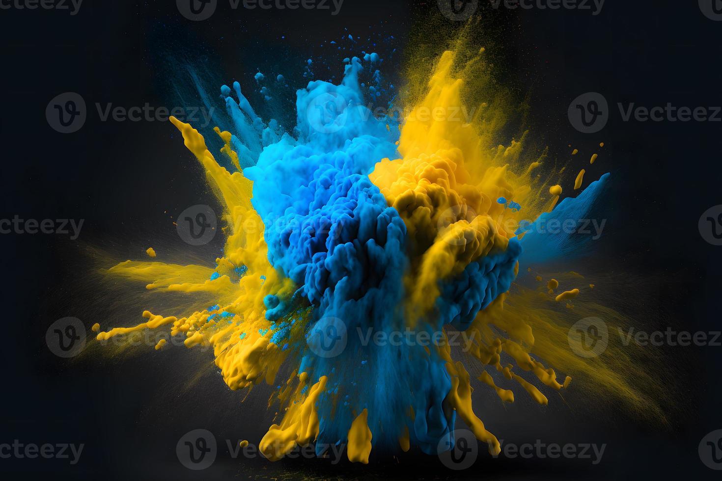 Explosion of yellow and blue color paint powder on black background. Neural network generated art photo