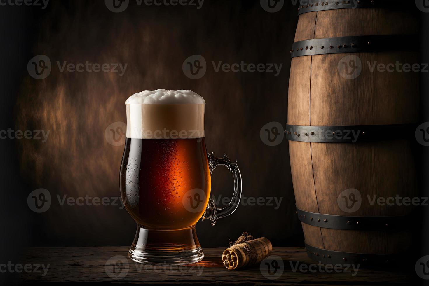 Beautiful beer with foam in classic beer glass in dark scene. Neural network generated art photo