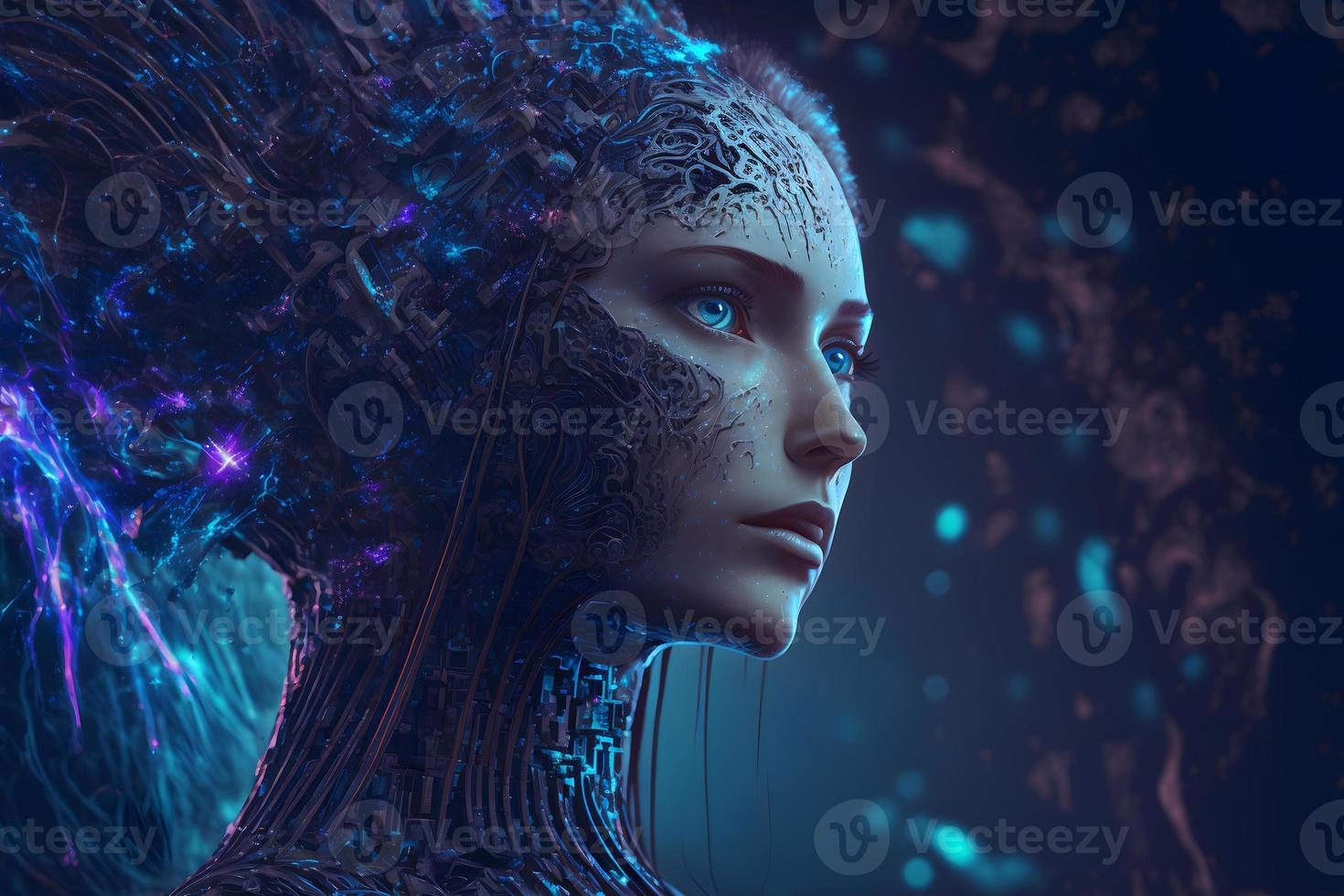 Modern futuristic female humanoid robot portrait with technology details on face. Neural network generated art photo