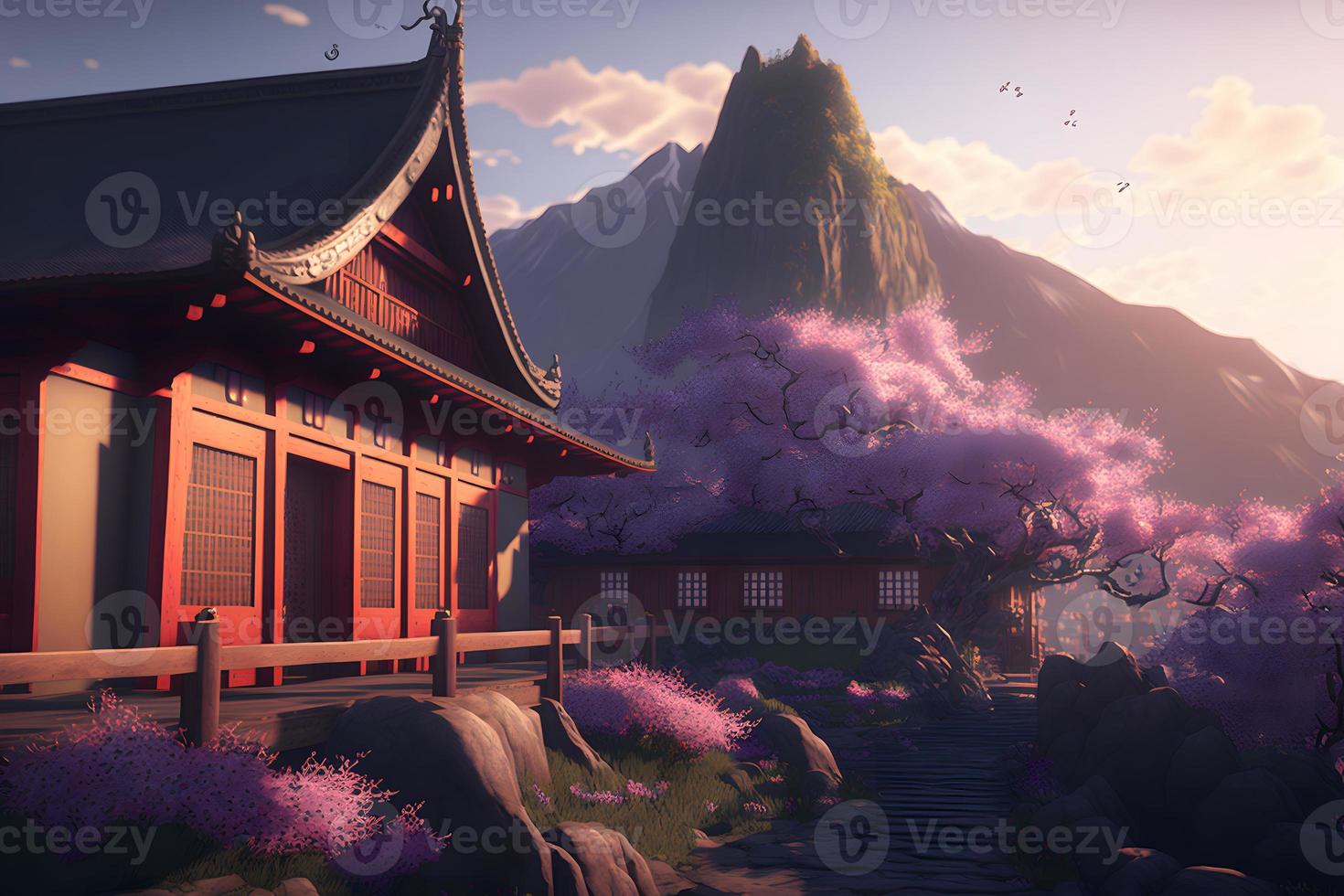 Oriental landscape with japanese traditional building close to river and cloudy mountains in time of sakura blossom. Neural network generated art photo