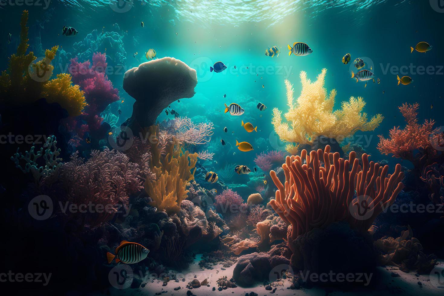 agua escena con corales y muchos pescado en azul submarino antecedentes. neural red generado Arte foto