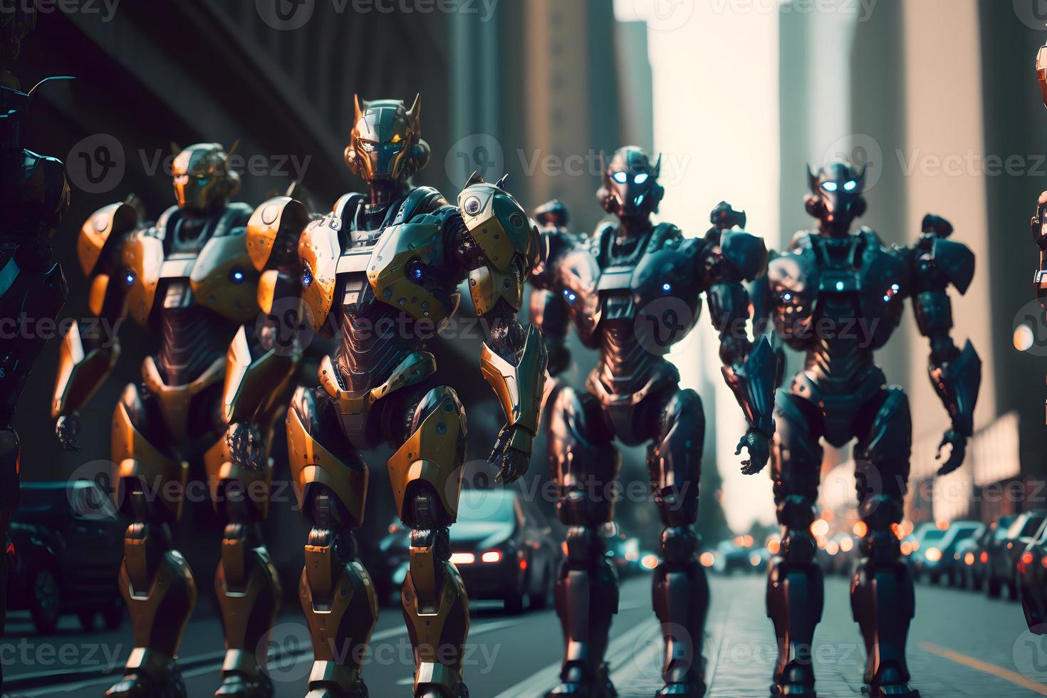 Many modern futuristic male humanoid robots with metal outfit. Neural network generated art photo