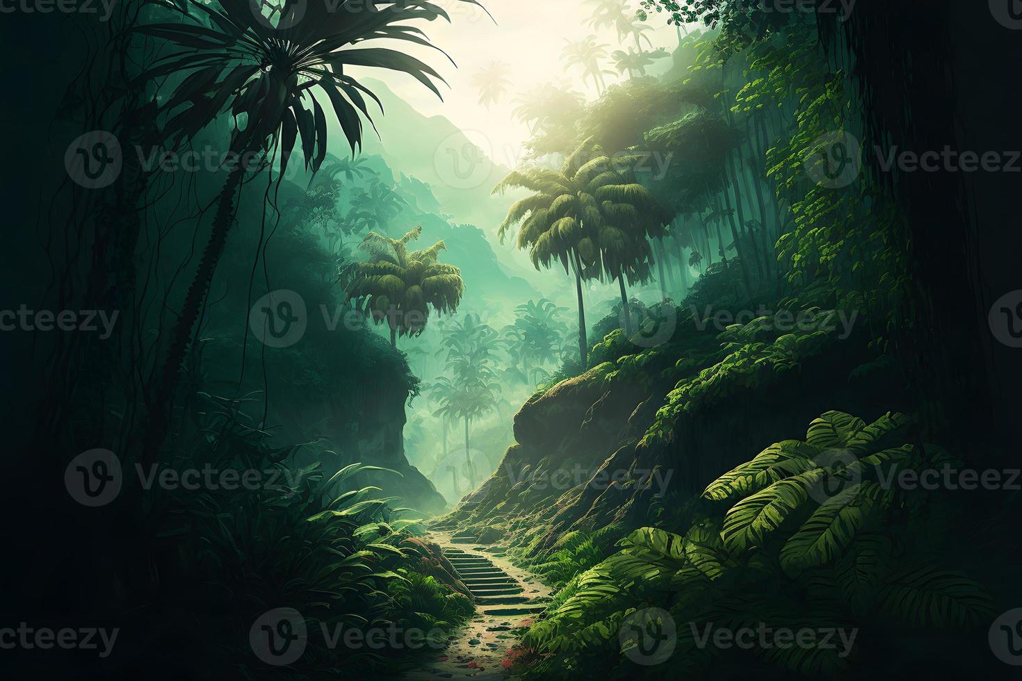 Asian tropical jungle rainforest in daytime. Neural network generated art photo