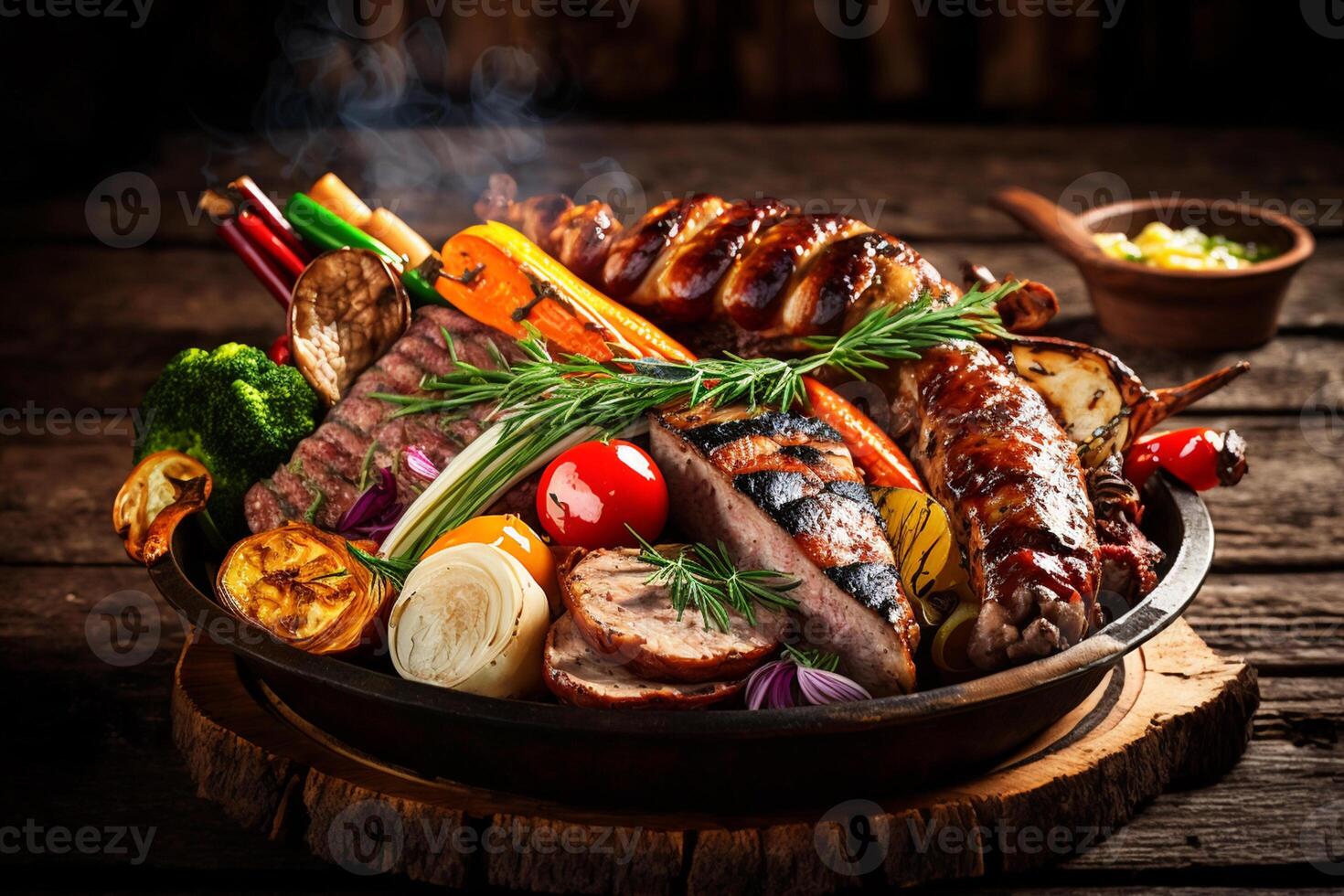 grilled meat and bratwurst with vegetables over the coals on a barbecue on rustic wooden background photo