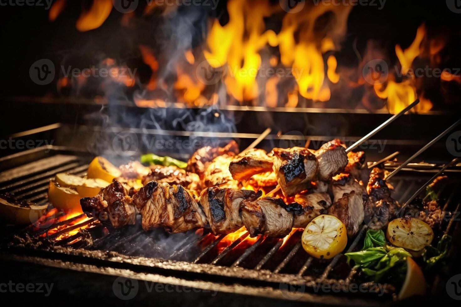 delicious bbq kebab grilling on open grill photo