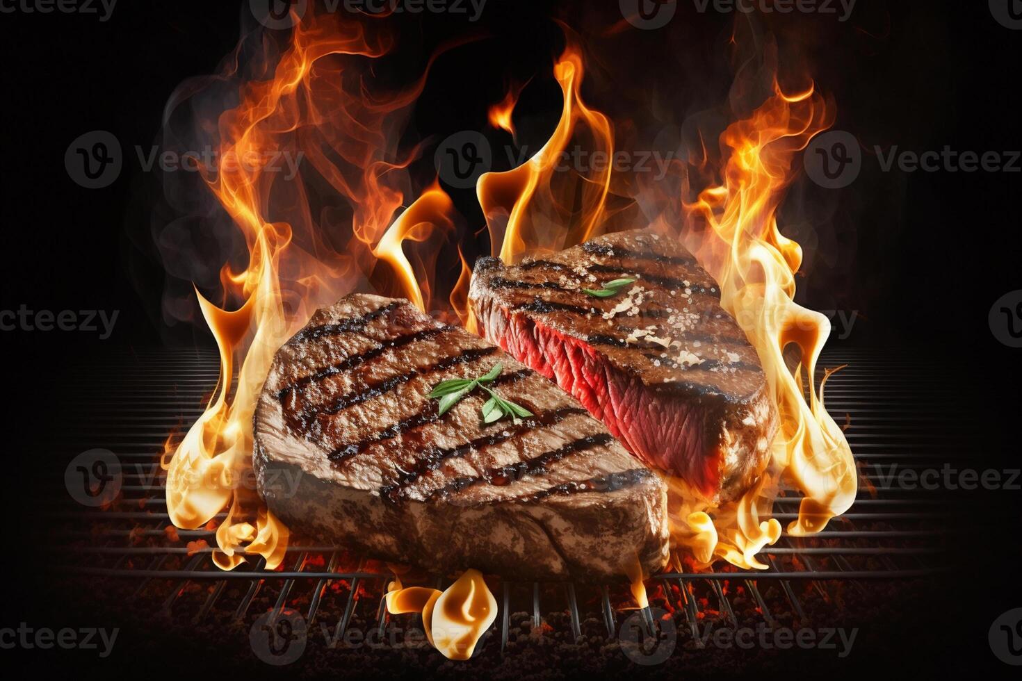 Beef steaks on the grill with flames photo
