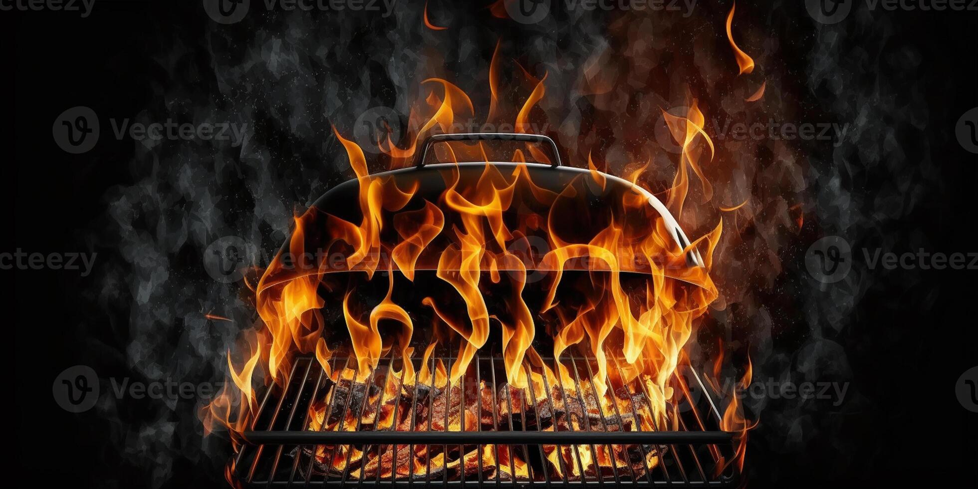 Empty Barbecue Flaming Charcoal Grill With Bright Flames Of Fire Isolated On The Black Background photo