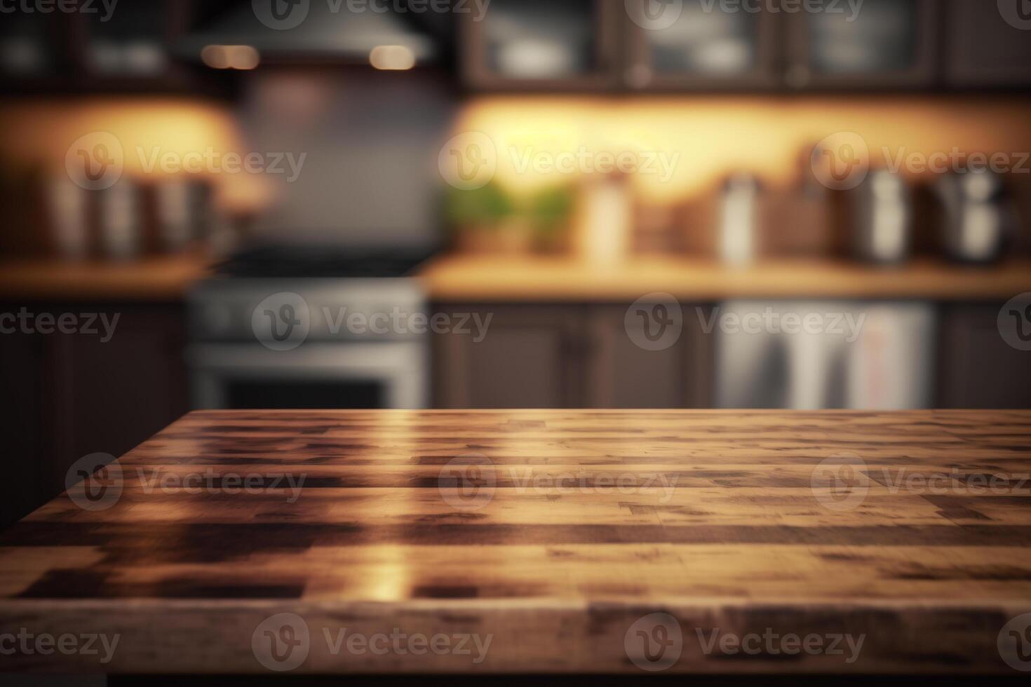 Wood tabletop on blur kitchen counter background photo