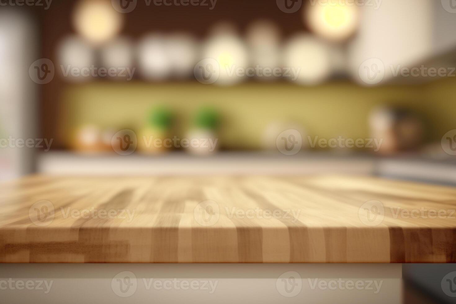 Wood tabletop on blur kitchen counter background photo