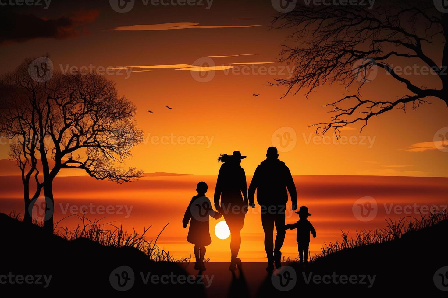 silhouettes of happy young family walking at sunset photo