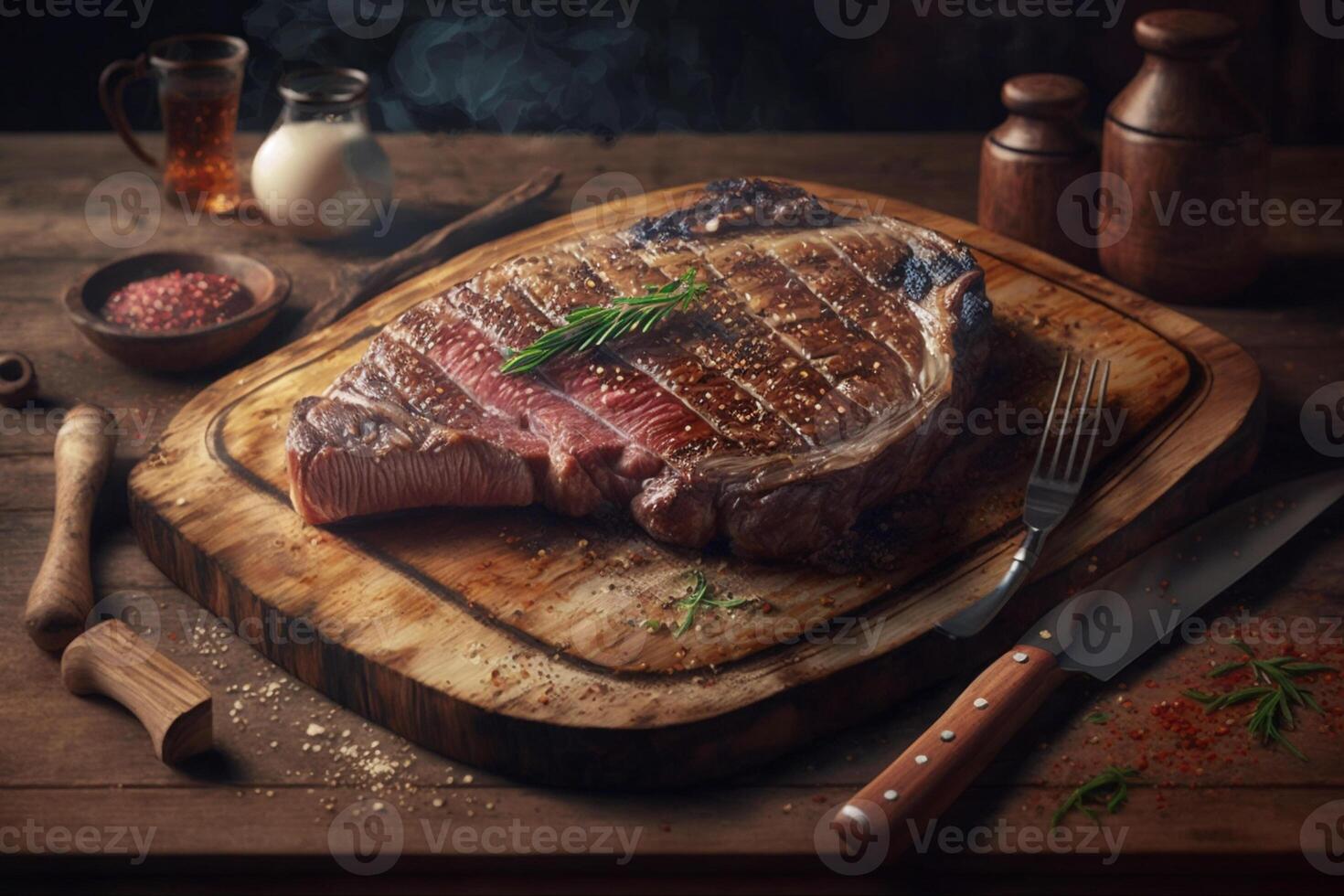 tasty and fresh, very juicy ribbey steak of marbled beef, on a wooden table photo