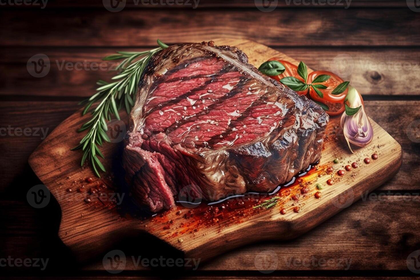 tasty and fresh, very juicy ribbey steak of marbled beef, on a wooden table photo