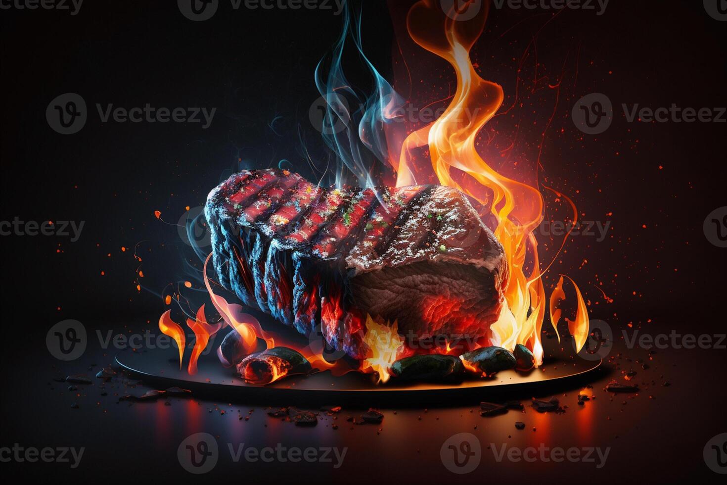 grilled marbled beef steak and fire photo