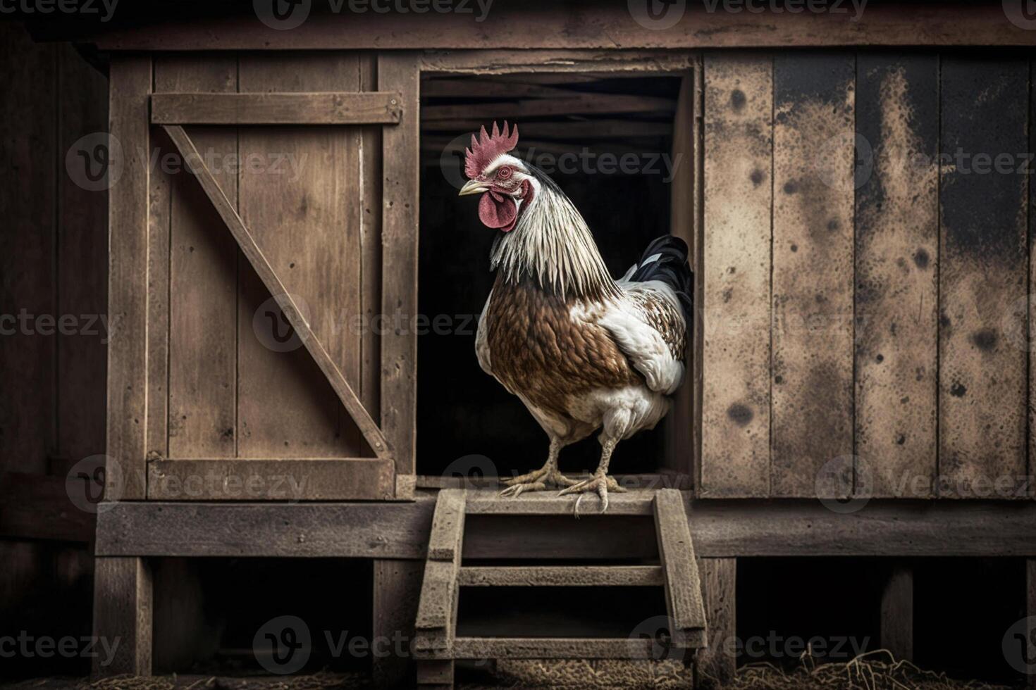 Hen perching on wooden structure at poultry farm photo