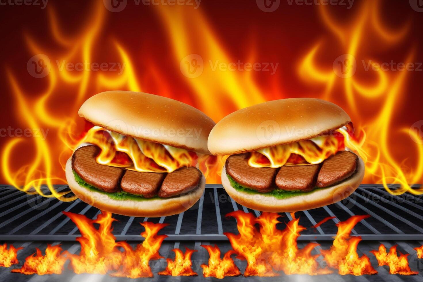 hamburgers and hot dogs cooking on grill with flames photo