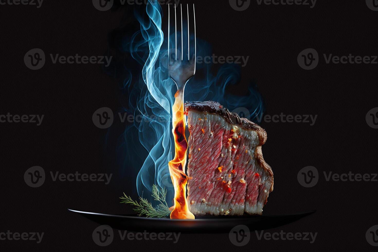 medium rare steak on an iron fork on a dark background. from below, fire and sparks. meat and fire photo