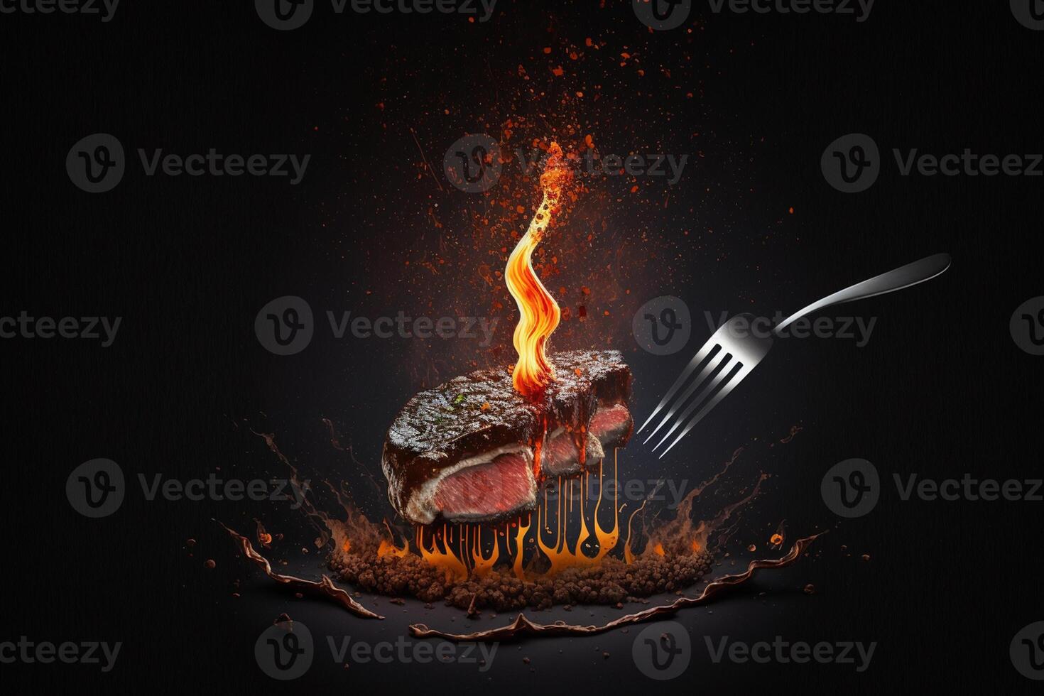 medium rare steak on an iron fork on a dark background. from below, fire and sparks. meat and fire photo