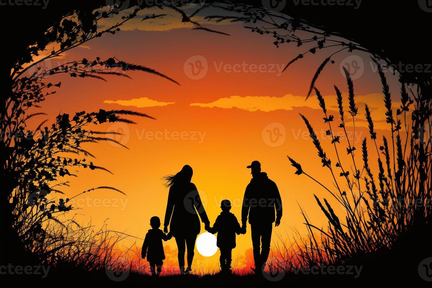 silhouettes of happy young family walking at sunset photo