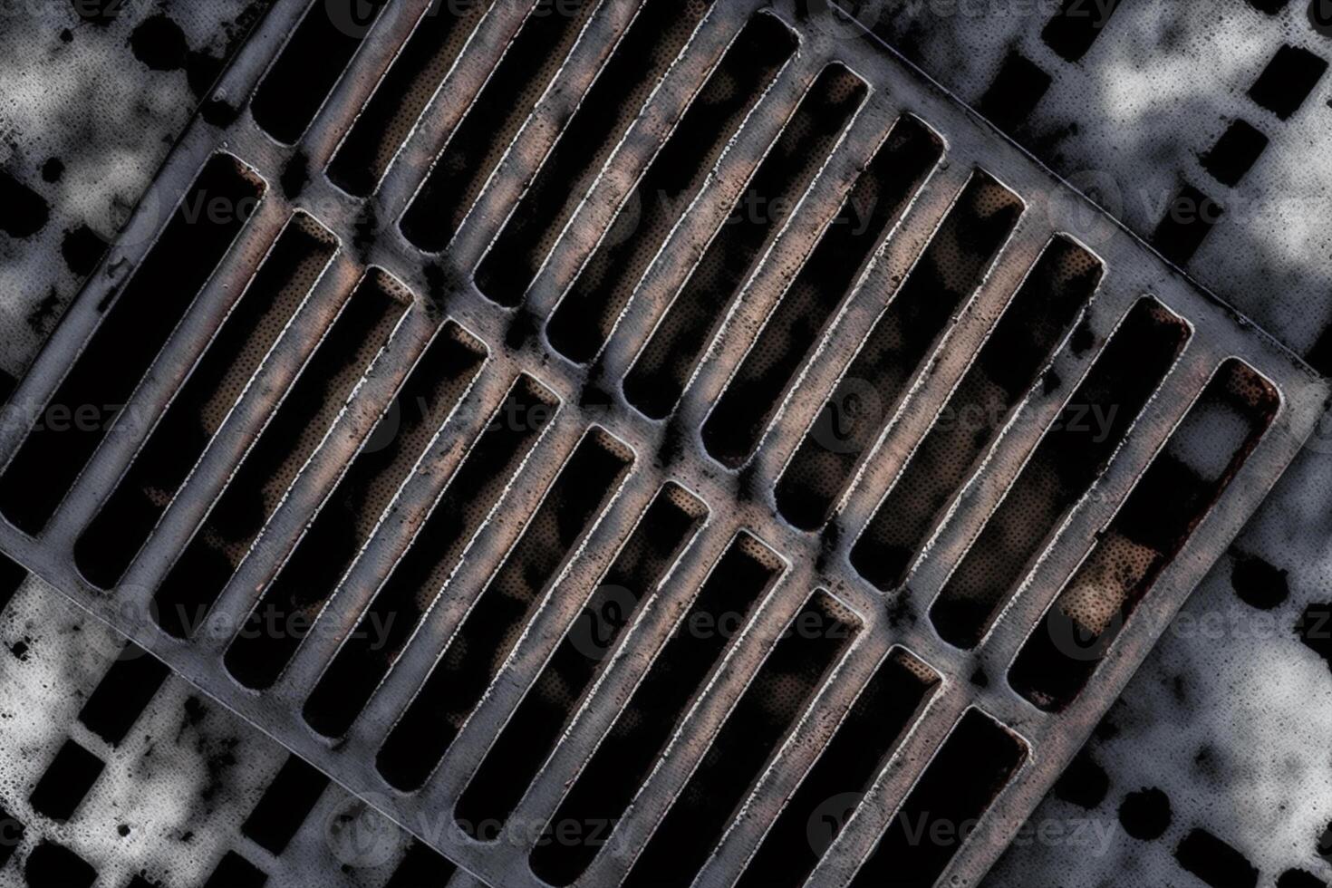 Top view of smoking smouldering charcoals under black cast iron grill grate ready for food cooking photo